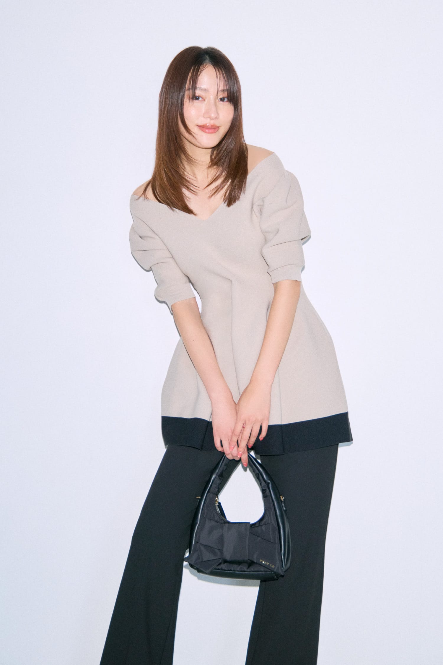 Peplum Knit & Stretch Pants ベージュ 01