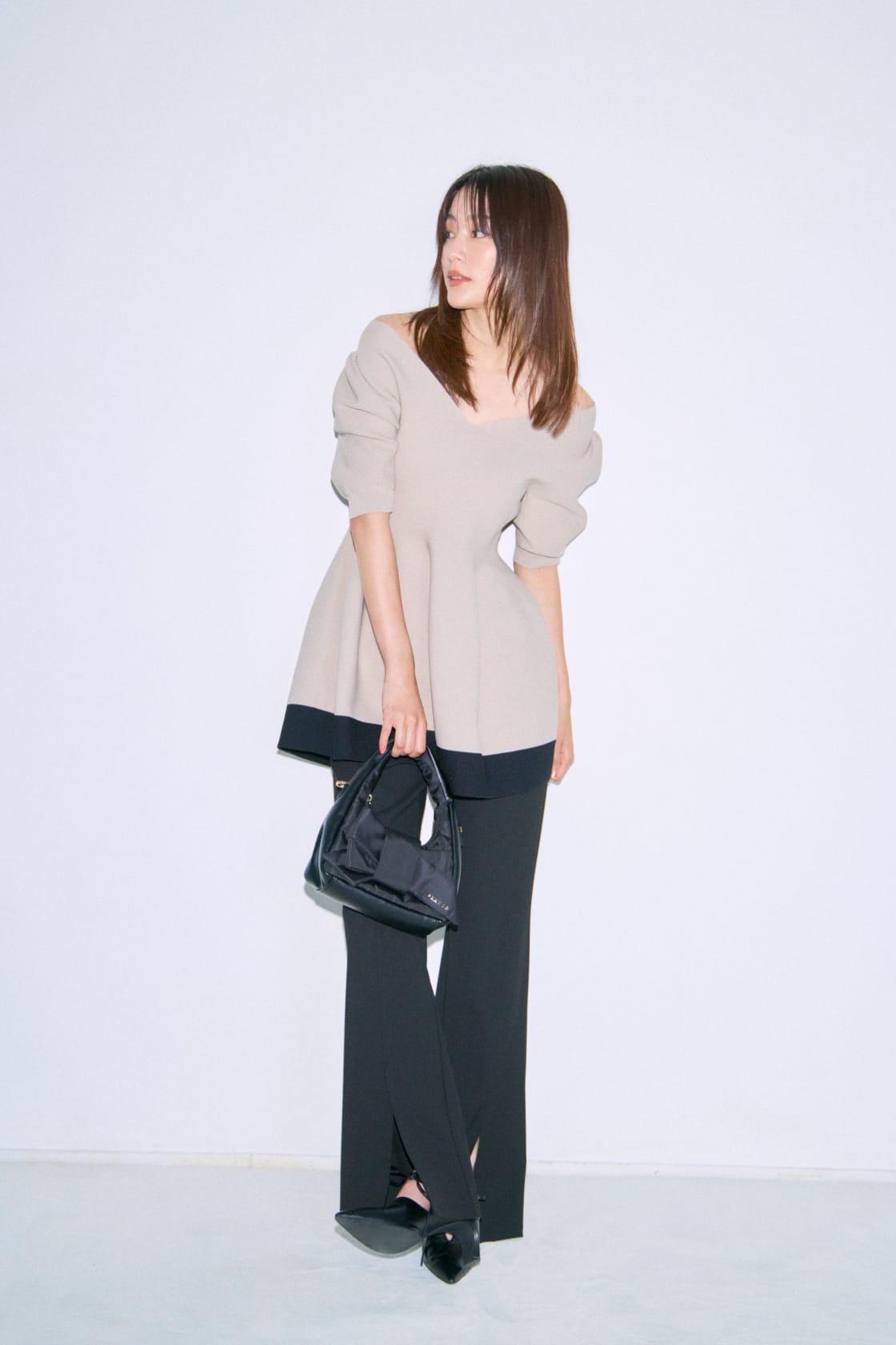Peplum Knit & Stretch Pants ベージュ 02
