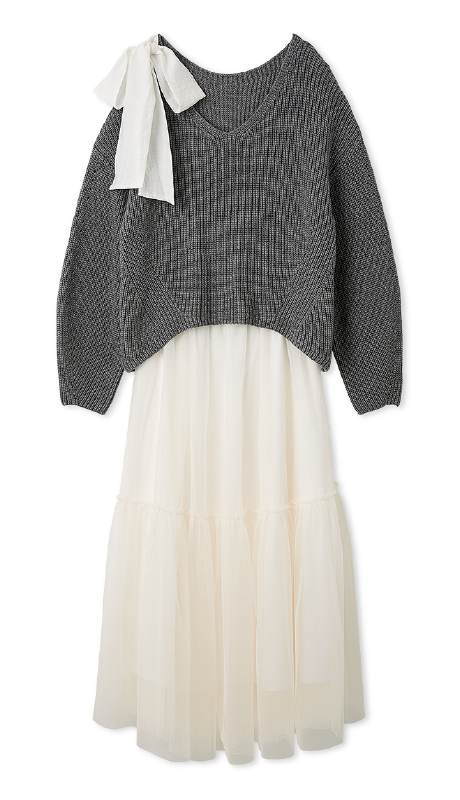 リボンニットプル＆チュールスカートセットの商品画像