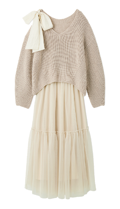 リボンニットプル＆チュールスカートセットの商品画像